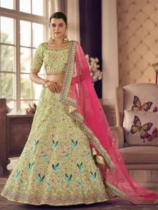 ODETTE Floral Embroidered Thread Work Semi-Stitched Lehenga & Blouse With Dupatta