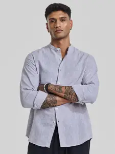 Snitch Men Smart Band Collar Solid Linen Slim Fit Casual Shirt