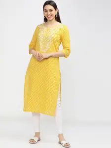 Vishudh Yellow Floral Printed Round Neck Straight Kurta