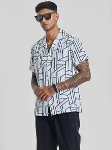 Snitch Men Smart Cuban Collar Abstract Printed Slim Fit Casual Shirt