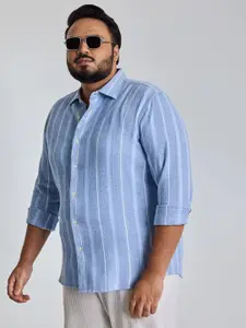 Snitch Men Plus Size Classic Spread Collar Vertical Striped Cotton Casual Shirt