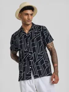 Snitch Men Smart Cuban Collar Abstract Printed Slim Fit Casual Shirt