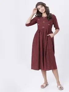 Vishudh Cotton Striped Fit and Flare Midi Dress