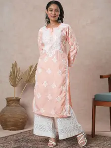 ADA Floral Embroidered Lucknowi Chikankari Pure Cotton Straight Kurta