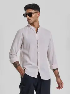 Snitch Men Smart Band Collar Solid Linen Slim Fit Casual Shirt