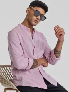 Snitch Men Smart Band Collar Solid Linen Slim Fit Casual Shirt