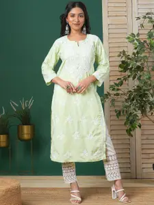 ADA Floral Embroidered Lucknowi Chikankari Pure Cotton Straight Kurta
