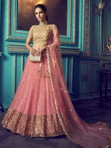 ODETTE Embellished Sequinned Net Semi-Stitched Lehenga & Blouse With Dupatta