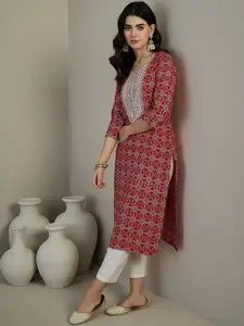 Anouk Red Geometric Printed Thread Work Straight Kurta