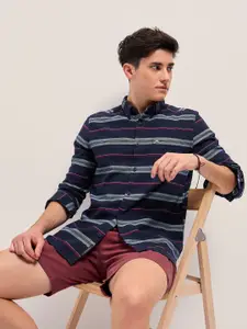 THE BEAR HOUSE Men Button-Down Collar Horizontal Striped Cotton Slim Fit Casual Shirt