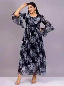 BAESD Women Self Design Bell Sleeve Georgette Fit & Flare Maxi Dress