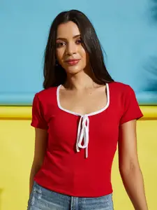 AAHWAN Tie-Up Neck Cropped Regular Fitted Top