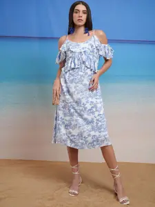 Tokyo Talkies Women Graphic Printed Cold-Shoulder Sleeves A-Line Midi Dress