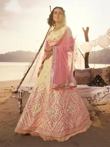 ODETTE Embroidered Mirror Work Organza Semi-Stitched Lehenga & Blouse With Dupatta