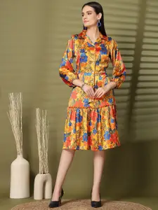 plusS Women Floral Printed Puff Sleeve Fit & Flare Dress