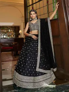 ODETTE Floral Embroidered Thread Work Soft Net Semi-Stitched Lehenga & Blouse With Dupatta