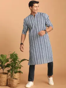 VASTRAMAY Striped Band Collar Cotton Straight Kurta