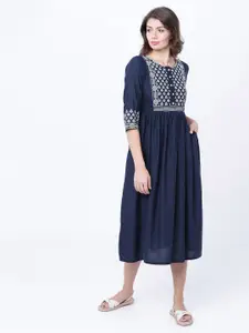 Vishudh Women Ethnic Motifs Printed Gathered A-Line Midi Dress