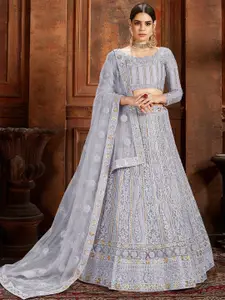 ODETTE Embroidered Beads and Stones Soft Net Semi-Stitched Lehenga & Blouse With Dupatta