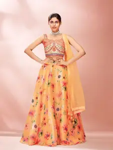 ODETTE Embroidered Mirror Work Organza Ready to Wear Lehenga & Blouse With Dupatta