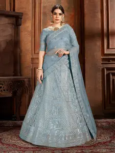 ODETTE Floral Embroidered Thread Work Soft Net Semi-Stitched Lehenga & Blouse With Dupatta