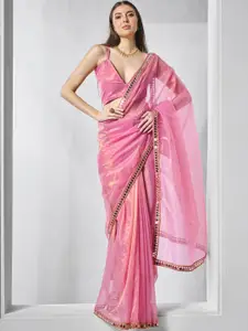 Mitera Beads and Stones Mirror Work Organza Saree