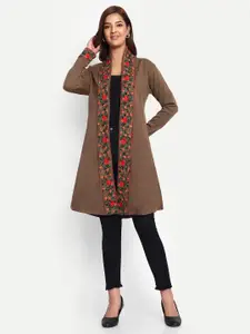 HAUTEMODA Embroidered Longline Open Front Woollen Shrug