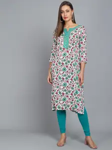 Anouk White & Turquoise Green Floral Printed Notch Neck Liva Straight Kurta