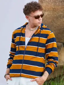 Campus Sutra Men Striped Hooded Cotton Sweatshirt