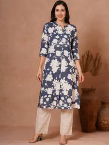 FASHOR Floral Printed Mandarin Collar Cotton Straight Kurta