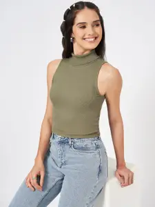 People Women Olive High Neck Cotton Top