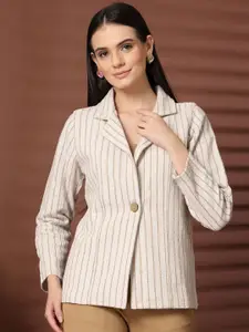 plusS Striped Notched Lapel Cotton Single Breasted Blazer