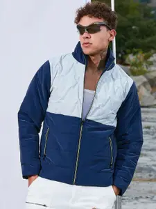 Campus Sutra Men Mock Collar Colourblocked Casual Biker Jacket