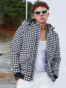 Campus Sutra Men Hooded Abstract Printed Casual Biker Jacket