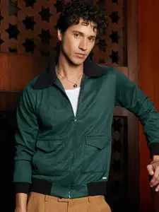 Campus Sutra Men Spread Collar Solid Cotton Casual Bomber Jacket