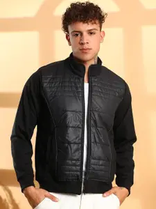 Campus Sutra Men Mock Collar Solid Cotton Casual Biker Jacket