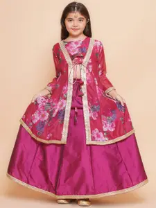 Bitiya by Bhama Girls Floral Printed Mirror Work Ready to Wear Lehenga & Blouse with Shrug