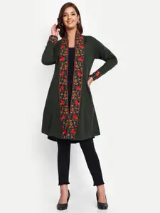 HAUTEMODA Embroidered Longline Open Front Woollen Shrug