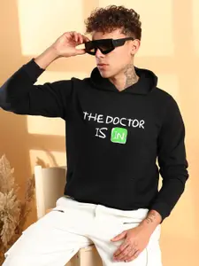 Campus Sutra Men Black CottonPrinted Hooded Long Sleeves Sweatshirt