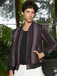 Campus Sutra Men Stand Collar Striped Cotton Casual Biker Jacket