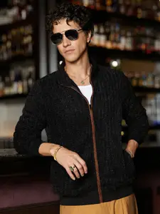 Campus Sutra Men Mock Collar Self Design Cotton Casual Bomber Jacket