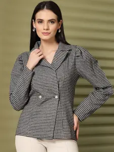 plusS Checked Notched Lapel Cotton Double-Breasted Blazer