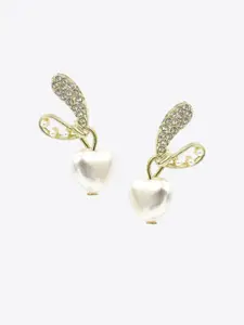 VAGHBHATT Gold-Plated Pearl Beaded Heart Shaped Drop Earrings