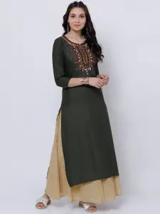 Vishudh Olive Green Geometric Embriodered Keyhole Neck Thread Work Straight Kurta
