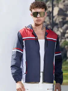 Campus Sutra Men Hooded Colourblocked Casual Bomber Jacket