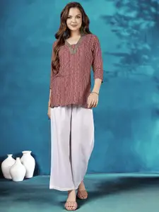 Anouk Maroon Leheriya Printed V-Neck Straight Short Kurta