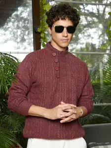 Campus Sutra Men Long Sleeves Mock Collar Cable Knit Pullover