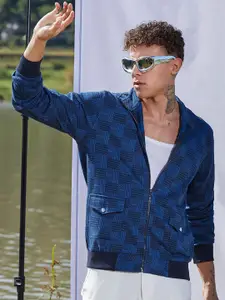 Campus Sutra Men Mock Collar Self Design Cotton Casual Biker Jacket