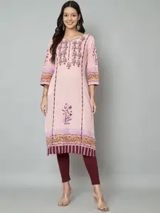 Anouk Pink & Purple Floral Printed Sweetheart Neck Thread Work Liva Straight Kurta