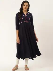 Anouk Floral Embroidered Mandarin Collar Thread Work A-Line Kurta